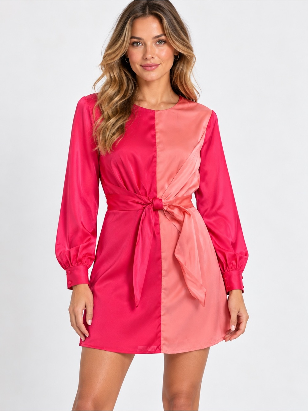 DO+BE Colorblock Satin Shift Mini Dress Pink Coral Tie Waist Long Sleeve M